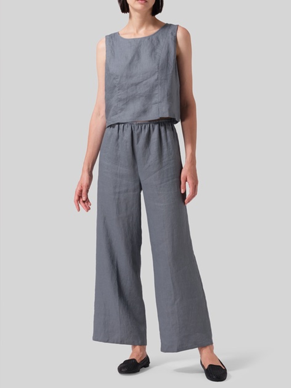 VIVID Linen Straight Long Pants Elastic Waist Cool Grey Wide Leg Trousers size S - Picture 4 of 12